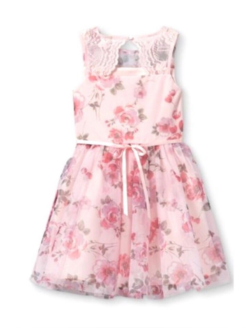 Girls' Pink Floral Lace-Back Tulle Dress